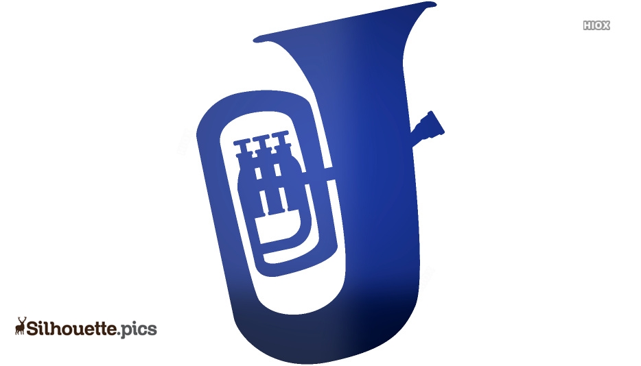 Blue silhouette of a tuba with visible valves and bell, stylized as a vector graphic.
