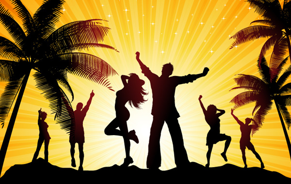 Silhouettes of joyful people dancing on a tropical beach at sunset with palm trees and radiant sunburst background.