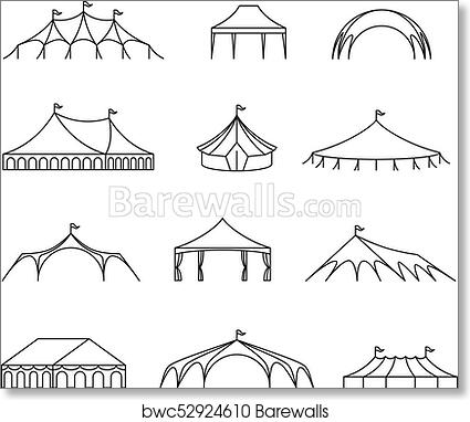 Collection of 12 black-and-white line drawings depicting various circus, festival, and event tent designs.