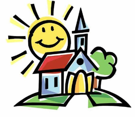 Cheerful cartoon church with smiling sun, green hill, and tree-symbolizing faith, community, and hope.