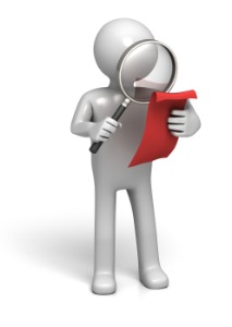 White 3D figure examining a red document with a magnifying glass, symbolizing analysis or inspection.