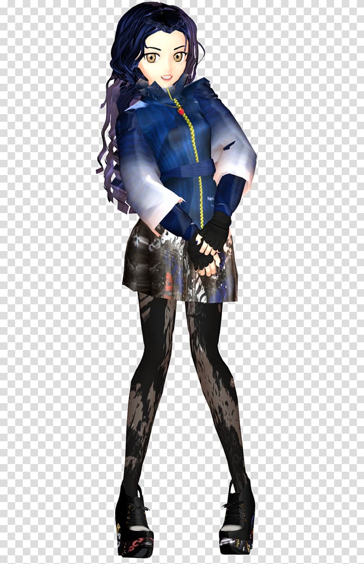 Anime-style female character with dark blue hair, wearing a layered blue jacket, patterned skirt, and black tights with platform boots.