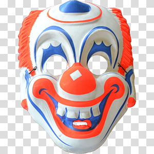 White clown mask with exaggerated red nose, blue and orange makeup, and wild orange hair.