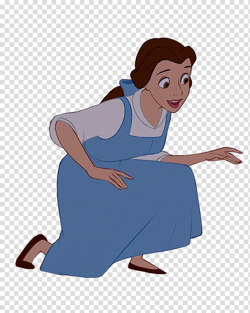 Belle from Disney's Beauty and the Beast kneeling in her iconic blue dress, smiling warmly.