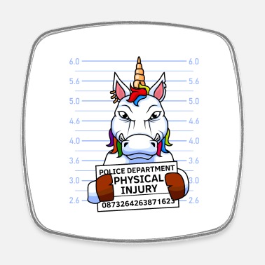 Cartoon unicorn in police mugshot pose holding "Physical Injury" sign with rainbow mane and horn.