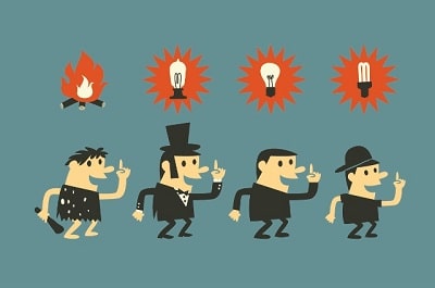 Four stylized historical figures progressing from fire to modern lightbulbs, symbolizing innovation evolution.