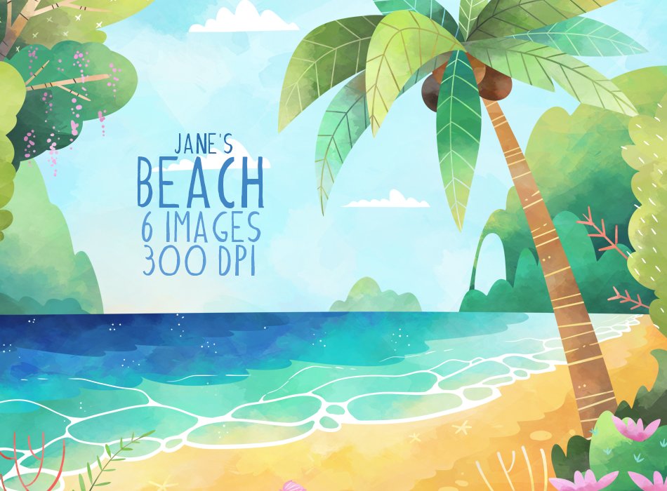 Vibrant watercolor illustration of a tropical beach with palm trees, turquoise waves, and lush greenery labeled "Jane's Beach".