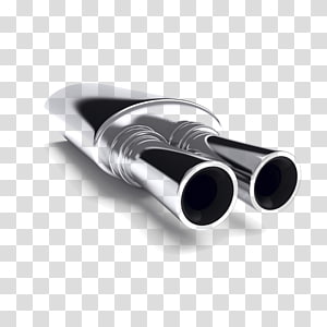 Shiny chrome dual exhaust pipe with polished finish and black interior, isolated on transparent background.