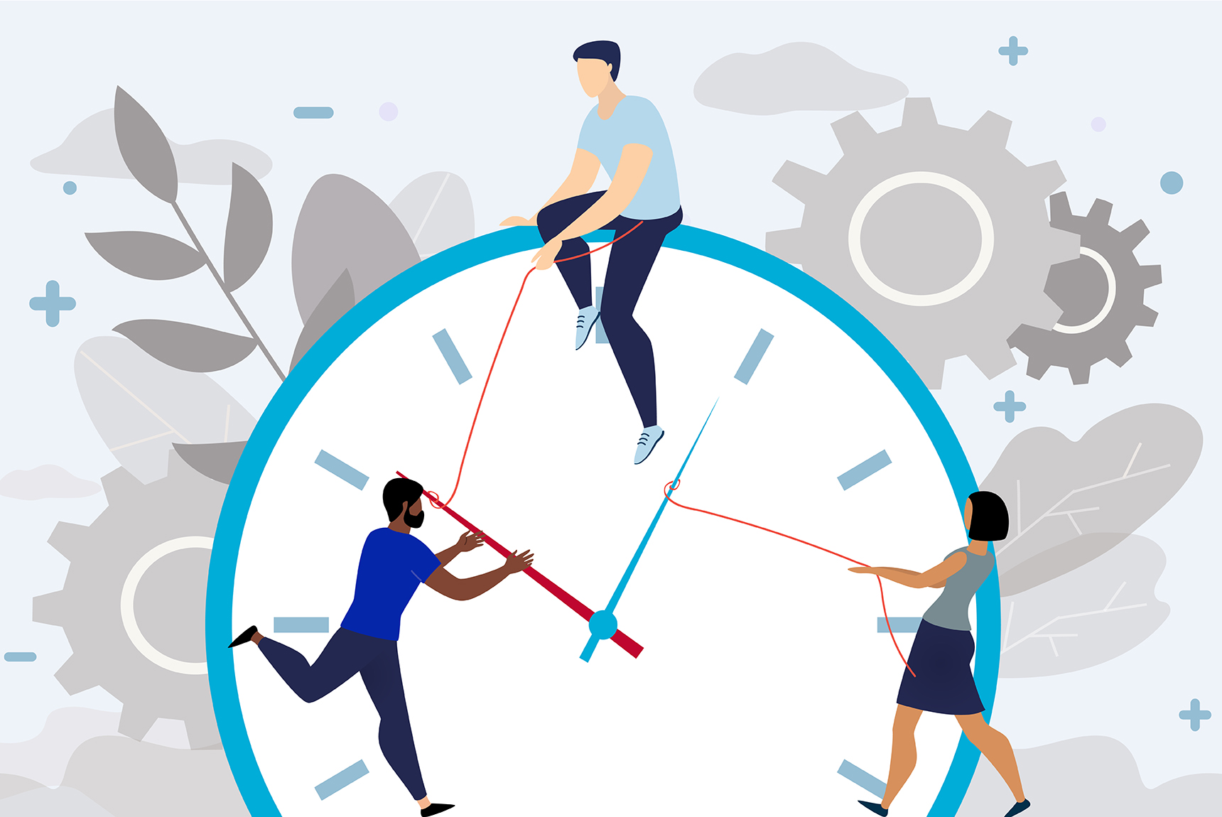 Three people collaboratively adjusting the hands of a large clock, symbolizing teamwork in time management and productivity.