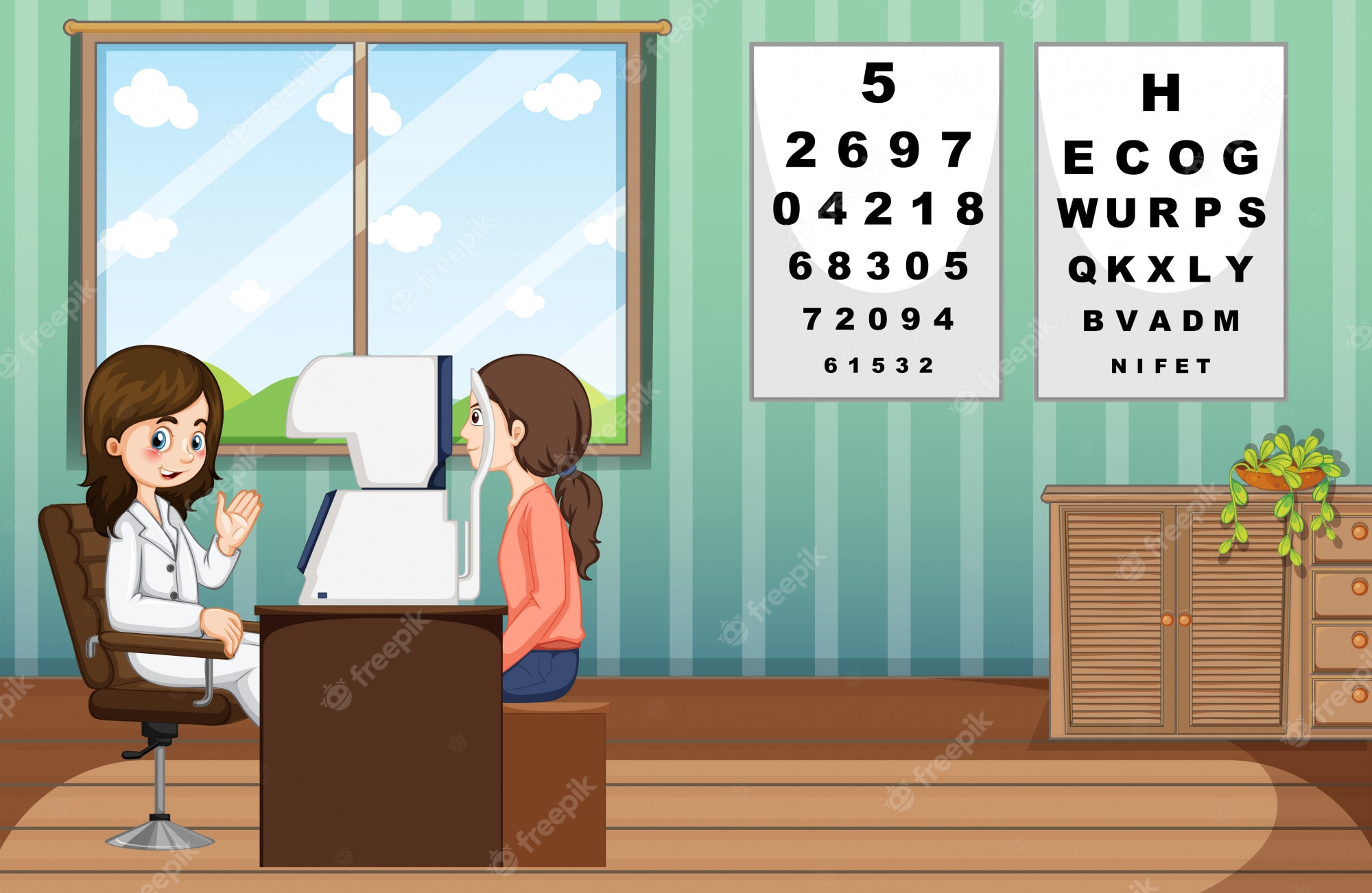 Female optometrist conducting eye exam with phoropter and vision charts in a bright clinic room.
