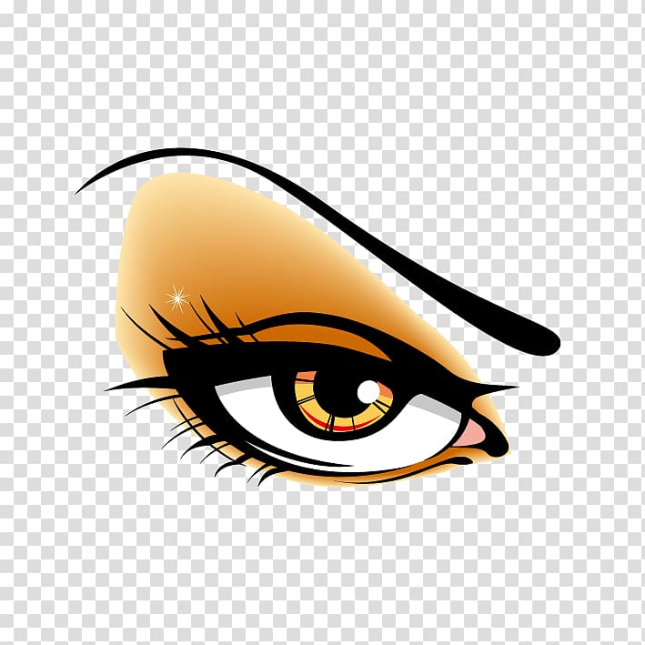 Stylized cartoon eye with bold black eyeliner, long lashes, golden iris, and shimmering highlight on lid.