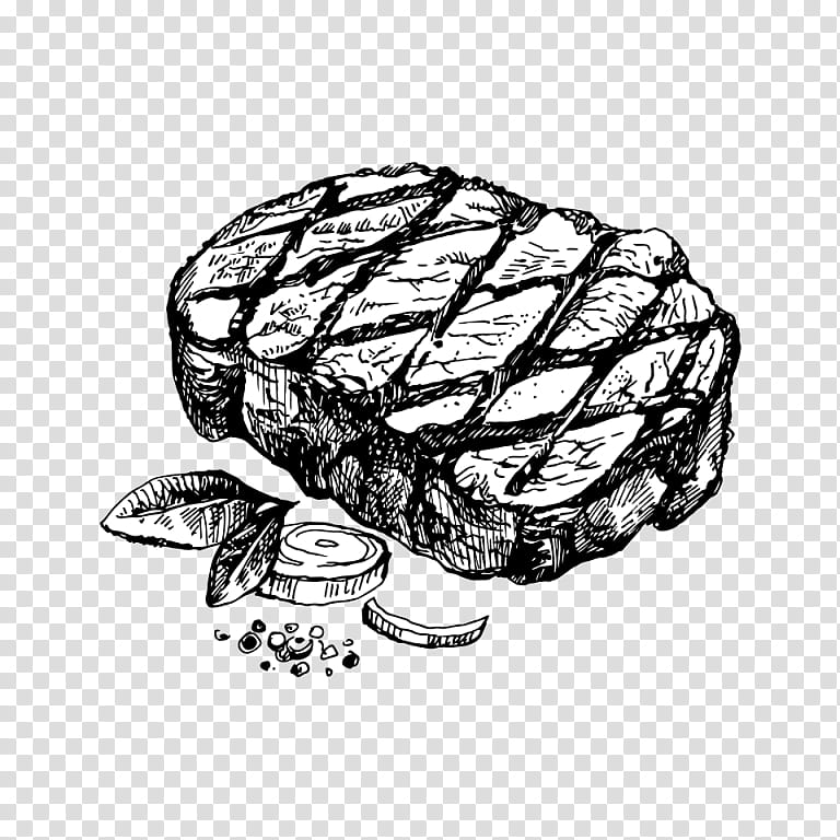 Hand-drawn sketch of a grilled steak with crosshatch marks, garnished with herbs, garlic, and peppercorns.