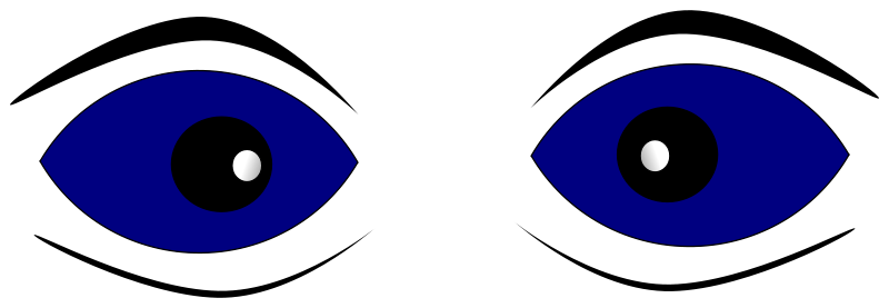 Two stylized blue eyes with black pupils and white highlights on a black background.
