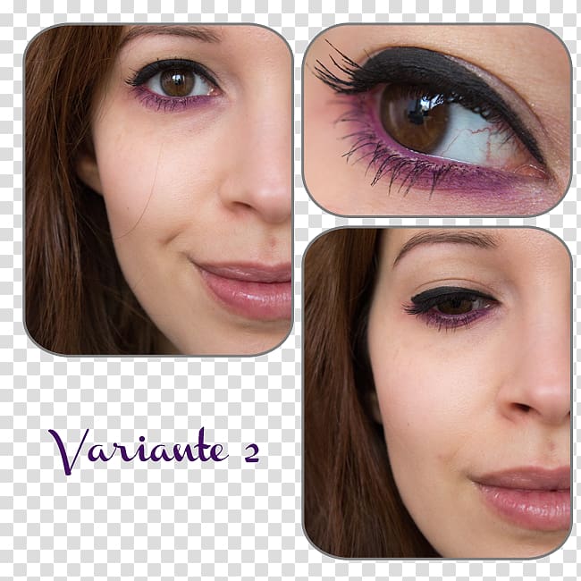 Close-up of a woman's eye makeup featuring purple and black eyeliner in three variations labeled "Variante 2".