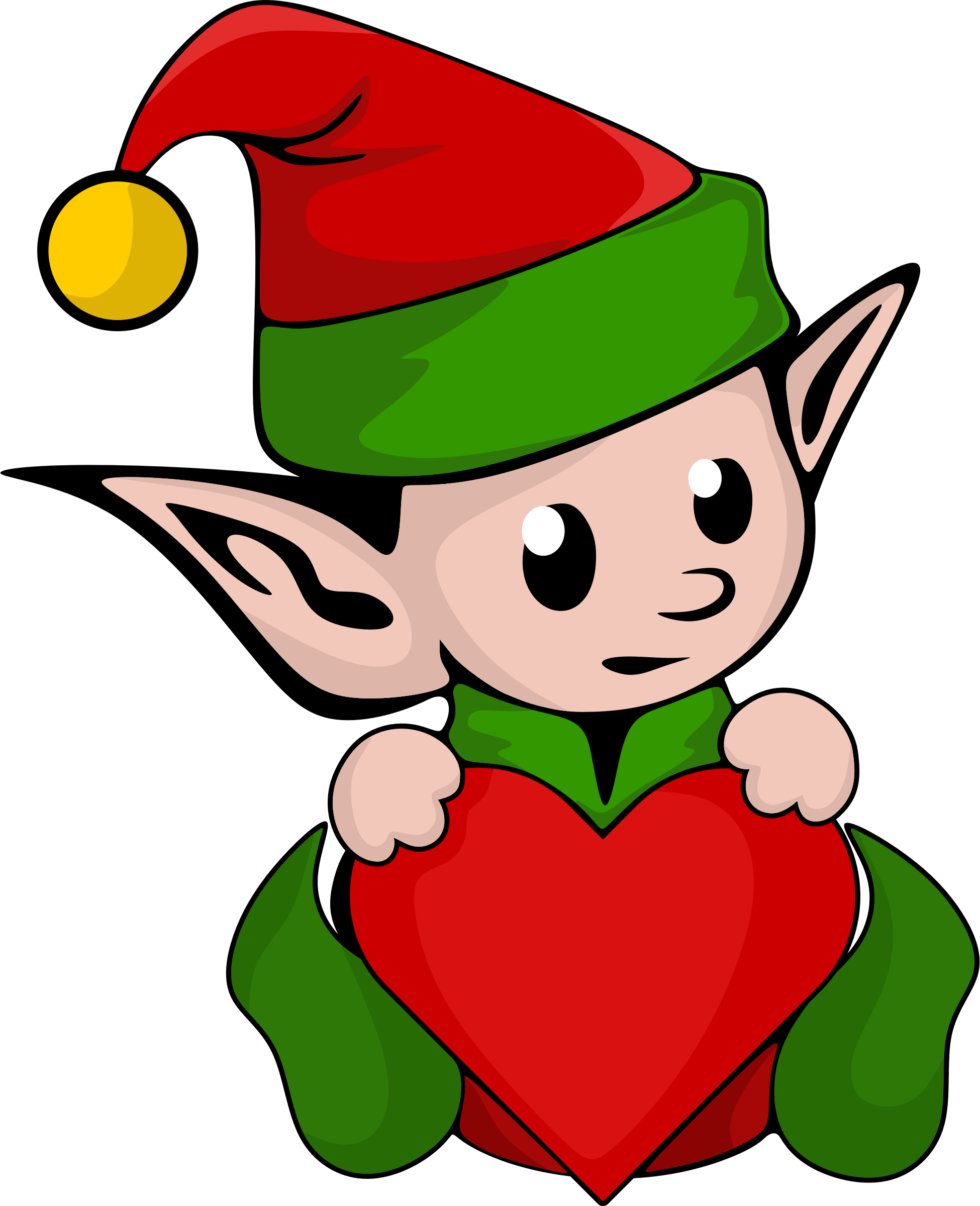 Cute cartoon elf in red and green hat holding a red heart, festive holiday illustration.
