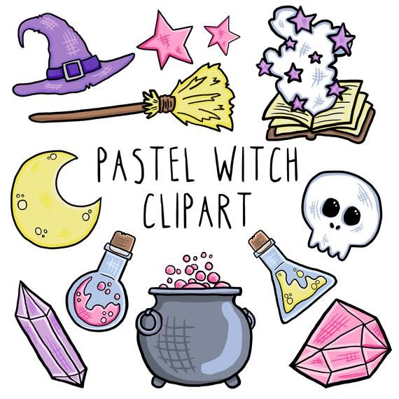 Pastel witch clipart set featuring hat, broom, cauldron, skull, crystals, potion bottles, moon, stars, and spellbook in soft colors.