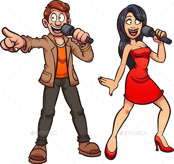 Cartoon man and woman singing into microphones, joyful performance scene.