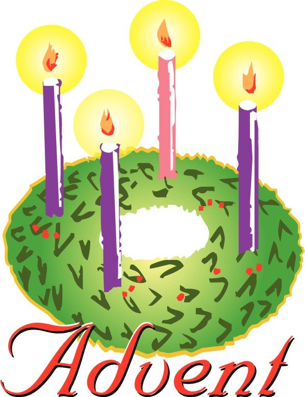 Advent wreath with four candles-three purple, one pink-lit against a green wreath, symbolizing the Christian season of preparation for Christmas.