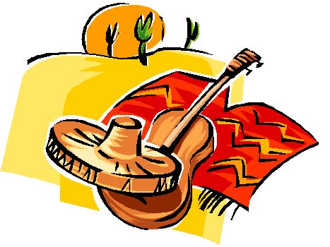 A sombrero, acoustic guitar, and patterned serape draped over a desert landscape with cacti and sun.
