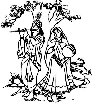 Krishna playing flute beside Radha holding a pot under a tree, traditional Indian line drawing.