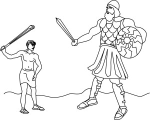 Ancient Greek warrior with sword and shield facing a smaller opponent holding a club, line drawing style.