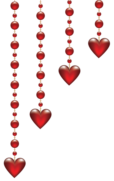 Red heart-shaped and spherical beads hanging in elegant strands against black background, evoking romance and celebration.