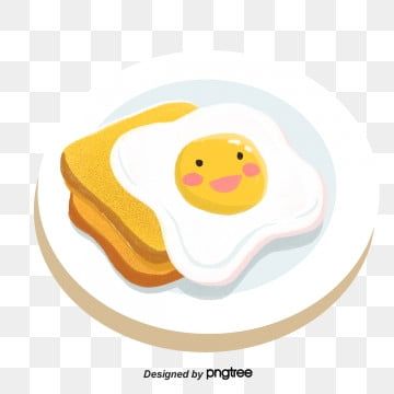 Cute cartoon fried egg with smiling face served on toast, on a white plate with transparent background.