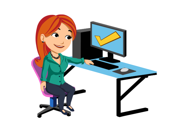 A smiling woman with red hair sits at a desk using a computer displaying a yellow checkmark on screen.