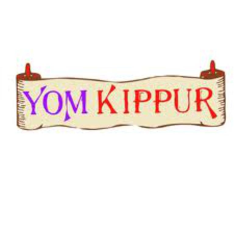 Scroll-style banner with "YOM KIPPUR" in purple and red lettering on aged parchment background.