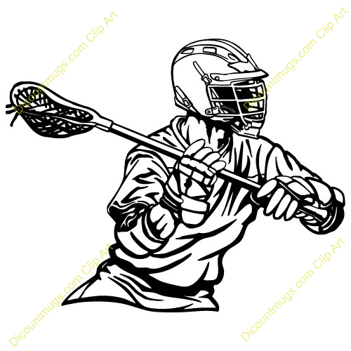 Black-and-white line art of a lacrosse player in action, wearing helmet and gloves, holding a lacrosse stick mid-swing.