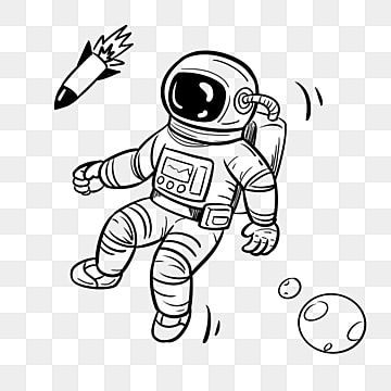 Cartoon astronaut floating in space with rocket and small planets, black-and-white line art illustration.