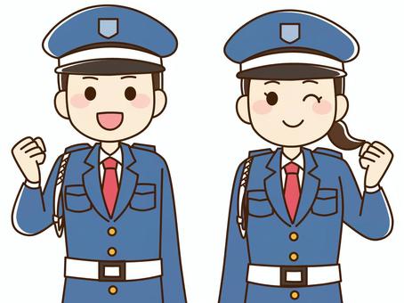 Two smiling cartoon police officers in blue uniforms, one winking and holding a baton, the other gesturing confidently.