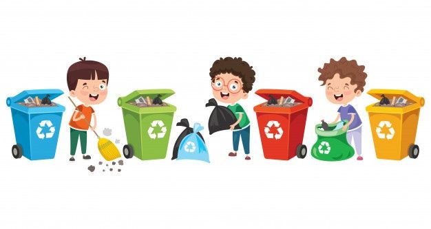 Four diverse children happily sorting recyclables into color-coded bins (blue, green, red, yellow) with recycling symbols.
