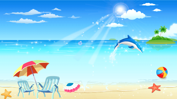 Summer Beach Scene with Dolphin - Free Illustration for Websites