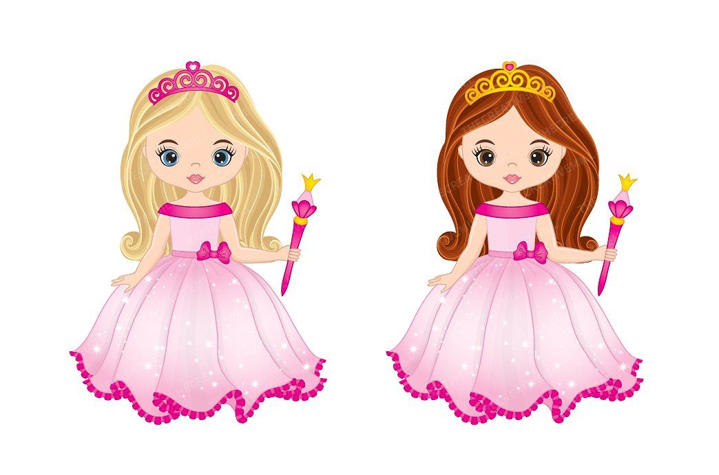 Two cartoon princesses with pink dresses, crowns, and magic wands-one blonde, one brunette-standing side by side on white background.