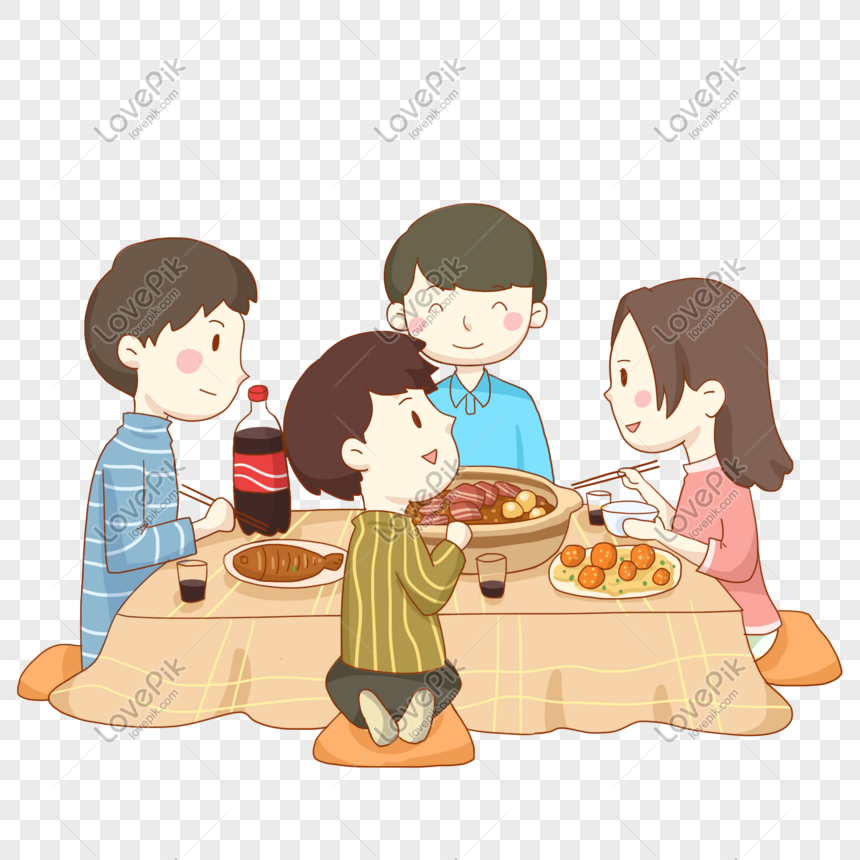 A cheerful cartoon family of four sharing a meal together at a low table with dishes like fish, meat stew, and dumplings.