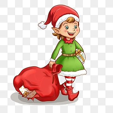 cheerful female Christmas elf in green outfit and red hat, pulling a large red gift sack