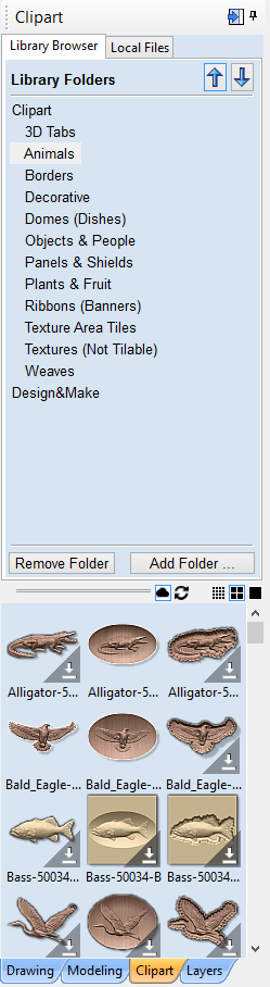 Clipart library interface showing animal-themed vector graphics and folder categories like Animals, Fish, and Birds.