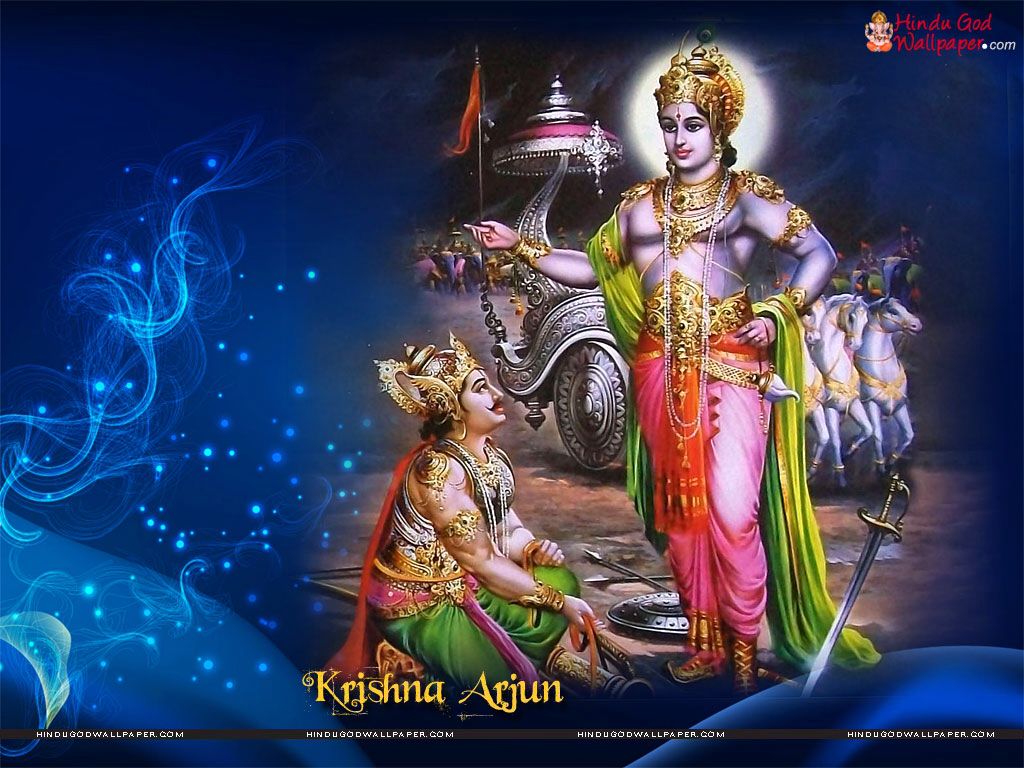 Krishna delivering the Bhagavad Gita to Arjuna on the Kurukshetra battlefield, with divine aura and celestial chariot.