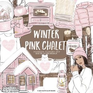 Winter pink chalet fashion clipart set featuring cozy cabins, knitwear, and a stylish woman in pastel tones.