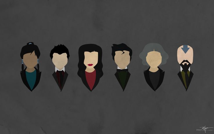 Minimalist stylized portraits of six iconic fictional characters in formal attire against a dark background.