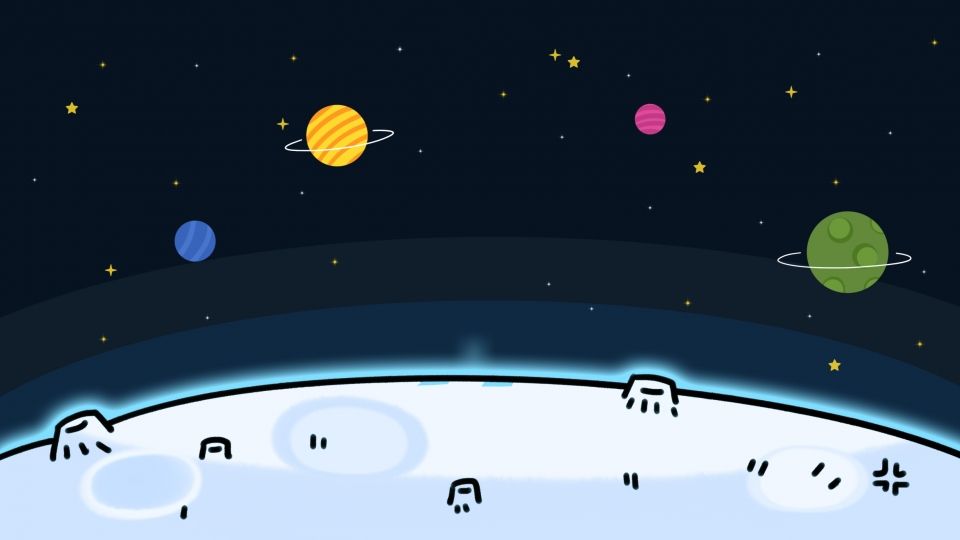 Cartoon-style space scene with colorful planets, stars, and a curved icy surface with small figures observing the cosmos.