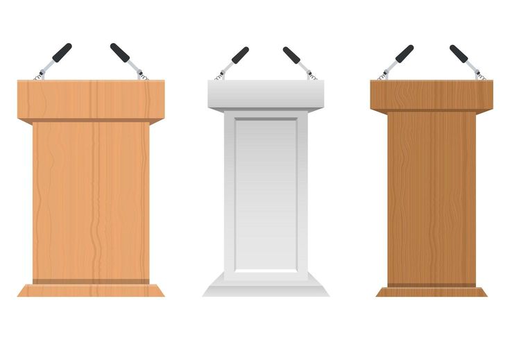 Three podiums-two wooden and one white-with microphones, isolated on white background.