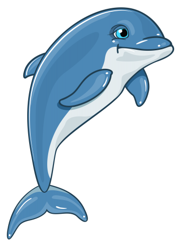 Friendly cartoon dolphin leaping with a cheerful expression and blue-and-white coloring.