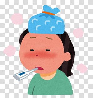 Child with fever holding thermometer, wearing ice pack on head, flushed cheeks and pink spots around.