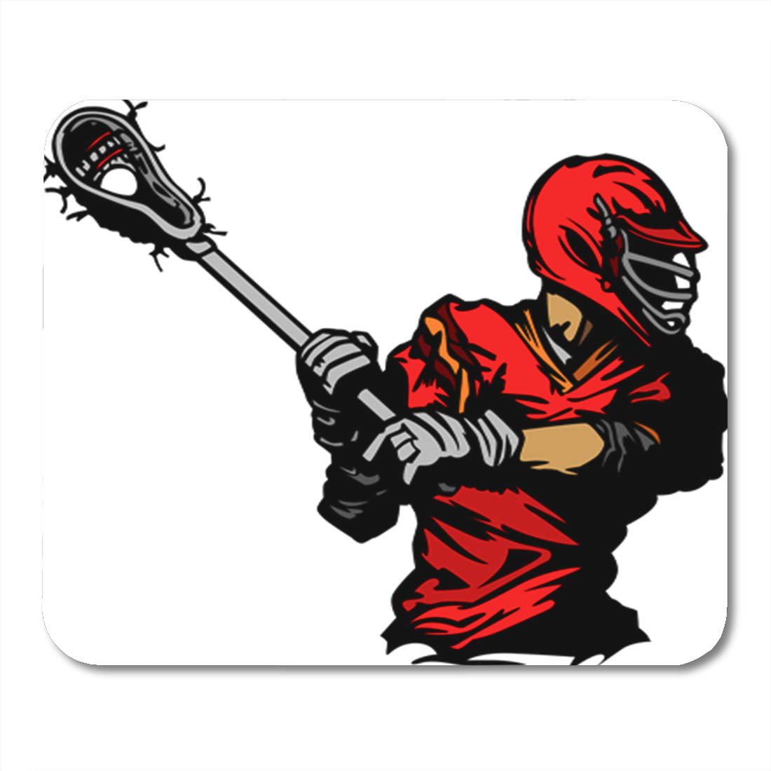 Lacrosse player in red gear swinging a stick with ball in net, stylized graphic illustration.