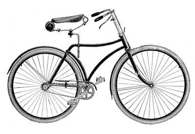 Vintage black-and-white line drawing of a classic early 20th-century bicycle with upright frame, large spoked wheels, and leather saddle.
