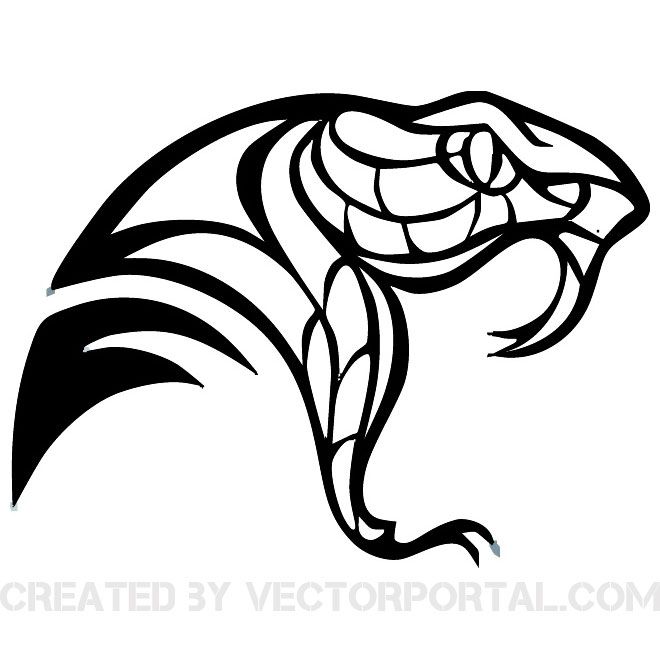 Stylized black-and-white tribal snake head with intricate geometric patterns and open fanged mouth.