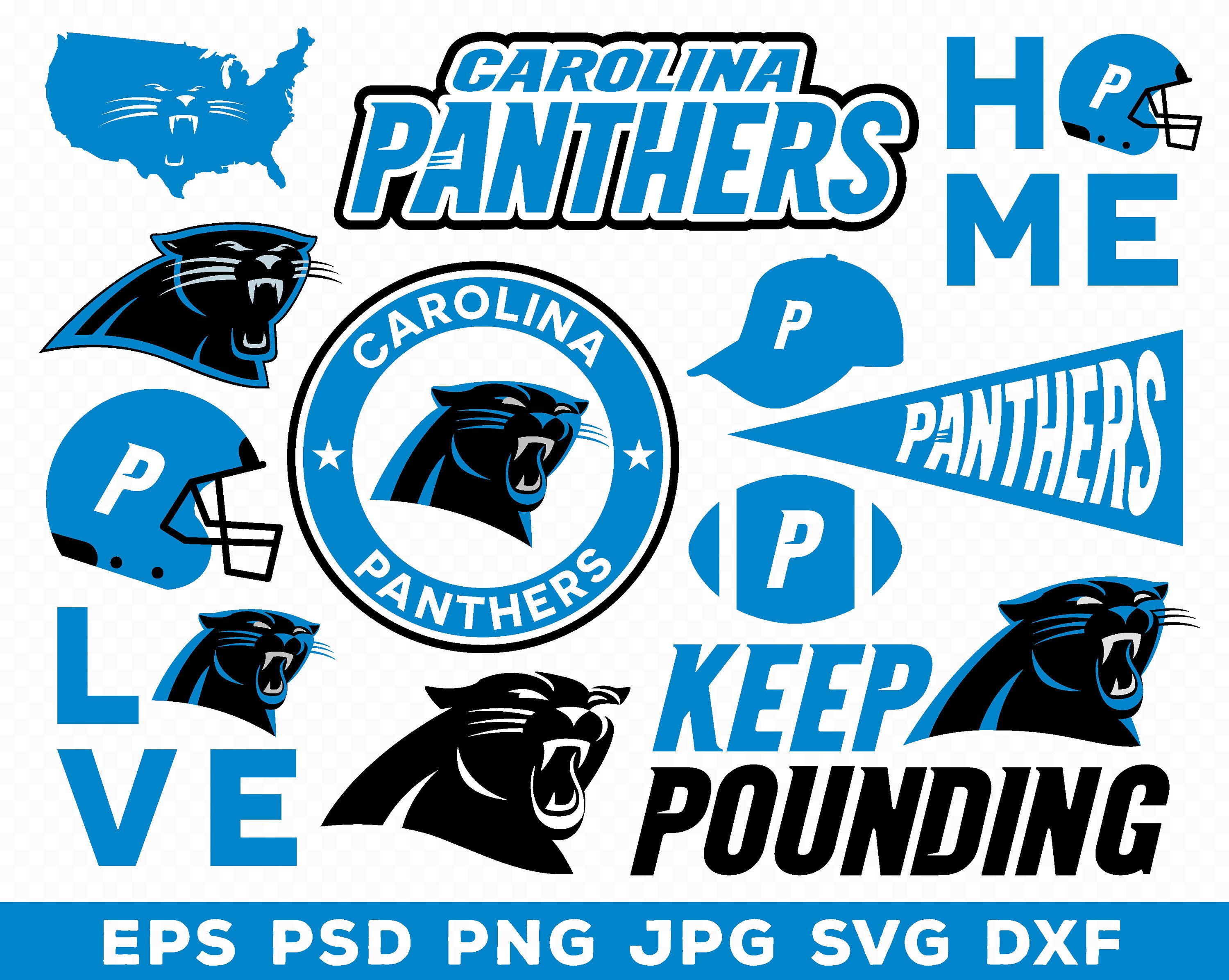 Carolina Panthers logo bundle featuring team emblems, helmets, panther head, and fan slogans in blue and black.