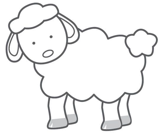 Simple black-and-white line drawing of a cartoon sheep with fluffy wool, small eyes, and hooves.
